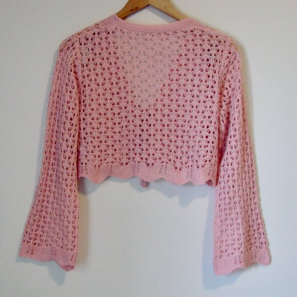 Pink Boho Crochet Knit Tie Front Cardigan Sweater Scallop Trim Cropped Top Small - Picture 14 of 16